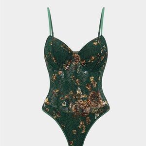 Dark Green Floral Lace Bodysuit